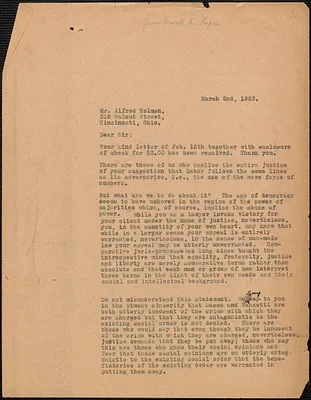 Frank R. Lopez (Sacco-Vanzetti Defense Committee) typed letter (copy) to Alfred Holman, Boston, Mass., March 2, 1923