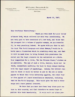Bradley, W. A., fl. 1907 typed letter signed to Hugo Münsterberg, New York, 19 March 1907