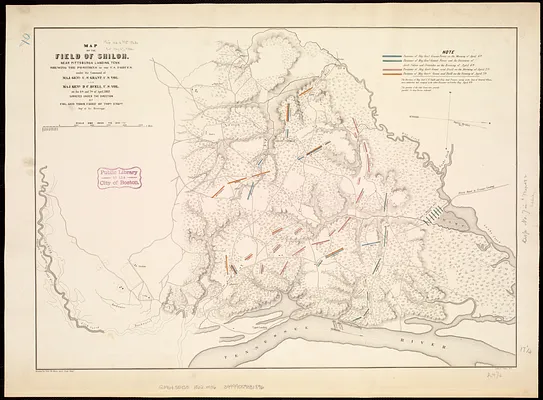 Map of the field of Shiloh, near Pittsburgh Landing, Tenn., shewing the positions of the U.S. forces under the command of Maj. Genl. U. S. Grant, U.S. Vol. and Maj. Genl. D. C. Buell, U.S. Vol. on the 6th and 7th of April 1862