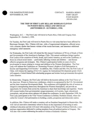 FLOTUS Foreign Trips [Binder]: [1998 Press Release & Schedule--Puerto Rico, Chile, Uruguay September 29-October 2]