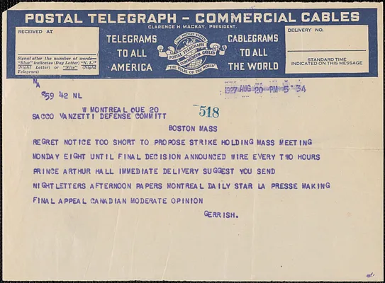 F. Gerrish telegram to Sacco-Vanzetti Defense Committee, Montreal, Canada, August 20, 1927