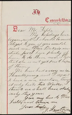Julian Hawthorne autograph letter signed to James Thomas Fields, Concord, 22 November 1863