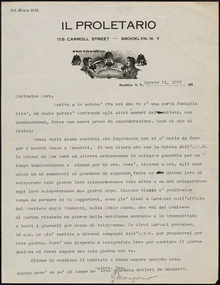G. Mangano (Il Proletario) typed letter signed, in Italian, to Joseph Moro, Brooklyn, N.Y., August 11, 1927