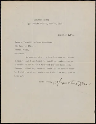 Augustus Rossi autograph letter signed to Sacco-Vanzetti Defense Committee, Newton, Mass., December 4, 1924