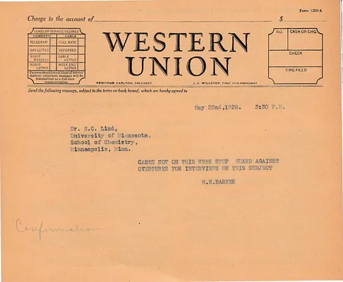 Telegram to S.C. Lind, May 22, 1928