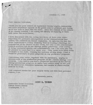 Letter from President Harry S. Truman to Senator Brien McMahon