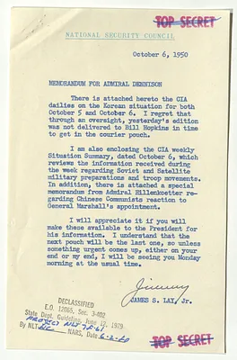 Memorandum from James Lay to Admiral Robert Dennison with Memorandum from R. H. Hillenkoetter