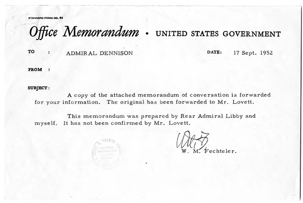Memorandum from Admiral William Fechteler to Admiral Robert Dennison, with Attachment