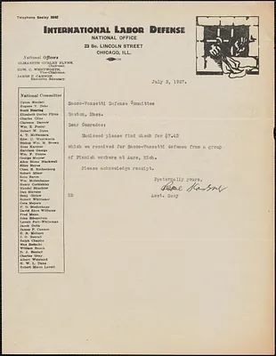 Rose Karsner (International Labor Defense) typed note signed to Sacco-Vanzetti Defense Committee, Chicago, Ill., July 3, 1927