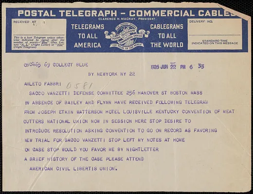 American Civil Liberties Union telegram to Amleto Fabbri, New York, N.Y., June 22, 1926