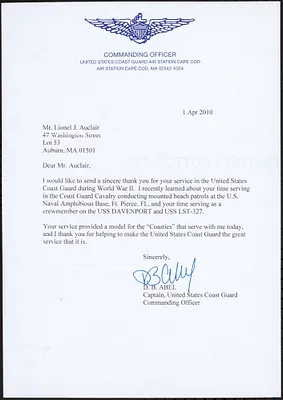 Letter to Lionel J. Auclair from D. B. Abel, 1 April 2010