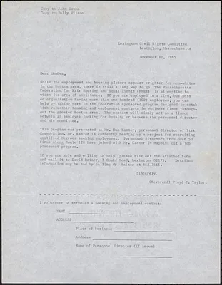 Letter to LCRC members requesting volunteers to serve as housing and employment liaisons