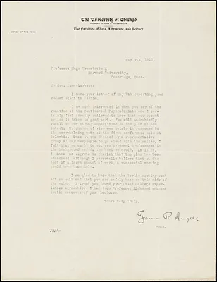 Angell, James Rowland, 1869-1949 typed letter signed to Hugo Münsterberg, Chicago, 09 May 1912