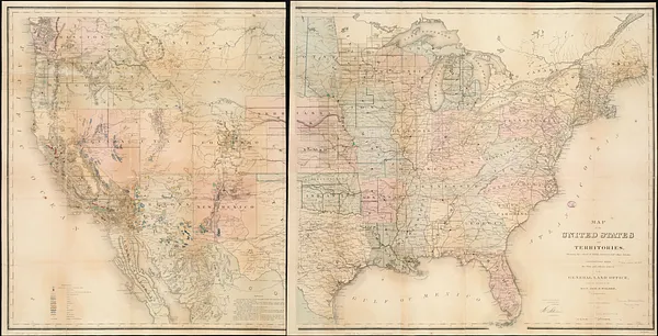 Map of the United States and territories, showing the extent of public surveys and other details