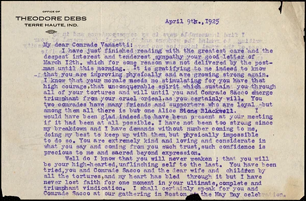Eugene V. Debs typed letter signed to Bartolomeo Vanzetti, Terre-Haute, Ind., 9 April 1925