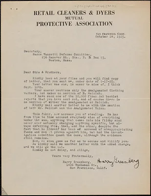 Harry Greenberg (Retail Cleaners & Dyers Mutual Protective Association) typed letter signed to Sacco-Vanzetti Defense Committee, San Francisco, Calif., October 24, 1925