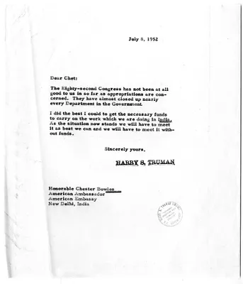 Letter from President Harry S. Truman to Ambassador Chester Bowles