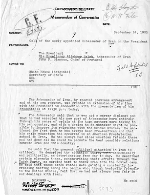 Department of State Memorandum of Conversation with President Harry S. Truman and Ambassador of Iran Allahyar Saleh