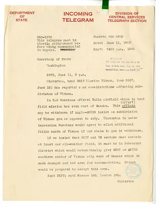 Telegram from Alexander Kirk to Secrertary of State Edward Stettinius