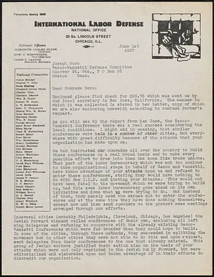 Rose Karsner (International Labor Defense) typed letter signed to Joseph Moro, Chicago, Ill., June 1, 1927