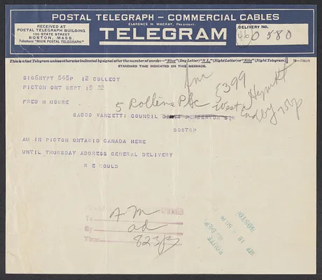 Sacco-Vanzetti Case Records, 1920-1928. Defense Papers. Telegram from Gould to Moore, September 19, 1922. Box 8, Folder 11, Harvard Law School Library, Historical & Special Collections
