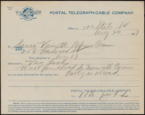 Postal Telegraph-Cable Company printed form to Sacco-Vanzetti Defense Committee, Boston, Mass., August 20, 1927