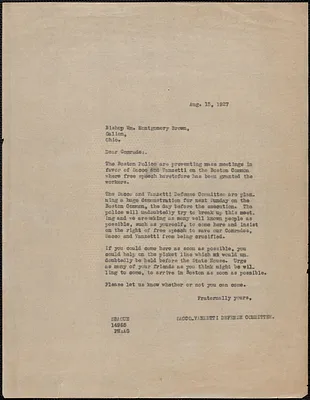 Sacco-Vanzetti Defense Committee typed letter (copy) to William Montgomery Brown, Boston, Mass., August 15, 1927