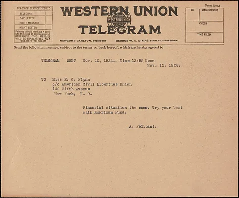 Aldino Felicani telegram to Elizabeth Gurley Flynn (American Civil Liberties Union), Boston, Mass., November 12, 1924