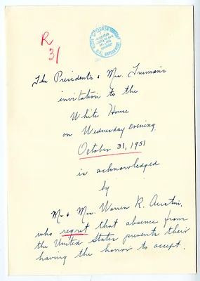 Invitation Reply from Mr. and Mrs. Warren Austin to the White House Social Office