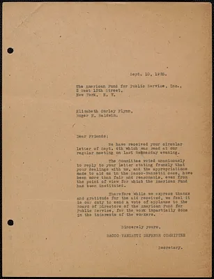Sacco-Vanzetti Defense Committee typed letter (copy) to Elizabeth Gurley Flynn and Roger N. Baldwin (American Fund for Public Service), Boston, Mass., September 10, 1925