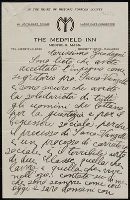 Mattia Rossetti autograph letter signed, in Italian, to Felice Guadagni, Medfield, Mass., [1924?]