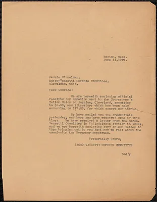 Sacco-Vanzeti Defense Committee typed letter (copy) to Bessie Kimmelman (Sacco-Vanzetti Defense Committee, Cleveland), Boston, Mass., June 11, 1927