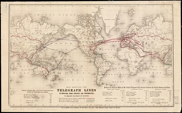 Map showing the telegraph lines in operation, under contract, and contemplated, to complete the circuit of the globe