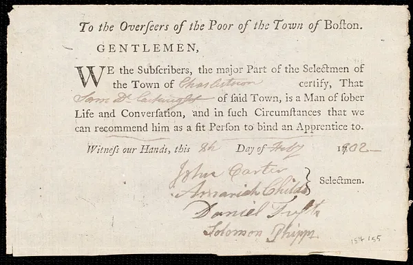 Endorsement Certificate for Sam Cartwright from the Selectmen of the town of Charlestown, 8 February 1802