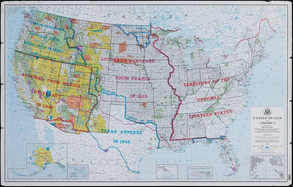 United States of America, showing the extent of public land surveys, remaining public land, historical boundaries, national forests, Indian reservations, wildlife refuges, national parks, and monuments