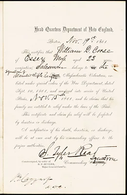 William D. Coose enlistment record and request for aid