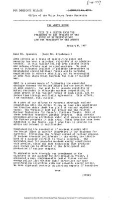 Text of a letter from the President to the Speaker of the House and the President of the Senate on arms control