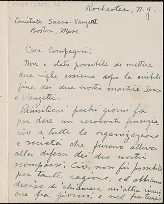 Sam M. Lucia (Rochester Sacco-Vanzetti Defense Committee) autograph letter signed, in Italian, to Sacco-Vanzetti Defense Committee, Rochester, N. Y., [September? 1927]