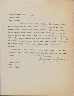 Margaret Shipman typed letter signed to Sacco-Vanzetti Defense Committee, Bronx, N. Y., December 12, 1927