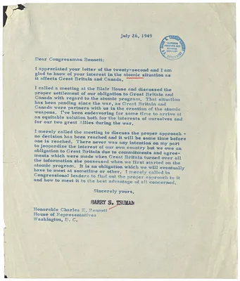 Correspondence Between President Harry S. Truman and Congressman Charles Bennett
