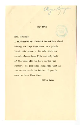 Note from Edith Helm to Bess W. Truman