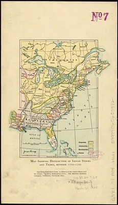 Map showing distribution of indian stocks and tribes, between 1710-1720