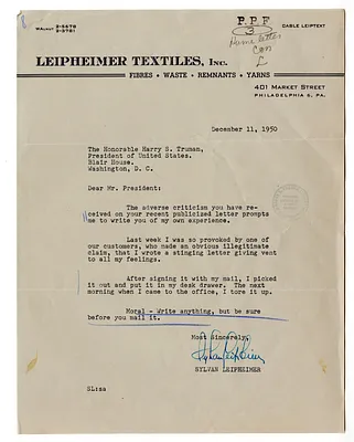 Letter from Sylvan Leipheimer to President Harry S. Truman