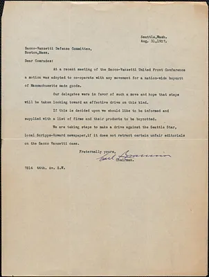 [Sacco-Vanzetti United Front Conference, Seattle] typed letter signed to Sacco-Vanzetti Defense Committee, Seattle, Wash., August 31, 1927