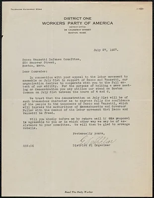 G. S. Shklar (Workers Party of America, District 1) typed letter signed to Sacco-Vanzetti Defense Committee, Boston, Mass., July 27, 1927