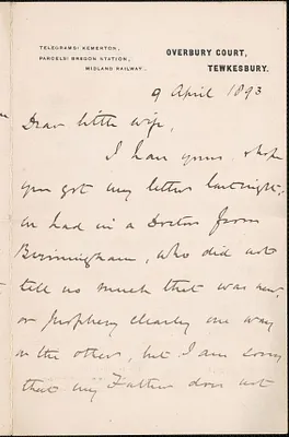 [John Biddulph Martin] autograph note to [Victoria Woodhull Martin], Tewkesbury, [England], April 9, 1893