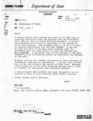 Telegram from Ambassador Henry Grady to Secretary of State Dean Acheson, Number 3084, with Related Material