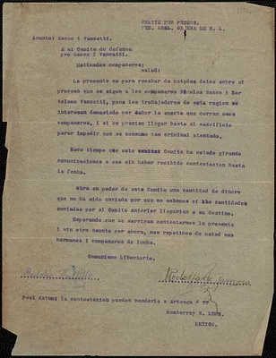 E. Castilio (Comite Pro Presos) typed letter signed, in Spanish, to El Comite de Defensa pro Sacco I Vanzetti (Sacco-Vanzetti Defense Committee), Mexico, [1924?]