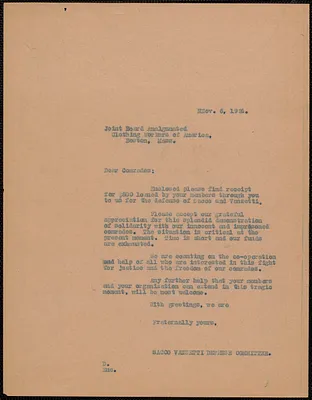 Sacco-Vanzetti Defense Committee typed letter (copy) to Joint Board (Amalgamated Clothing Workers of America), Boston, Mass., November 6, 1924