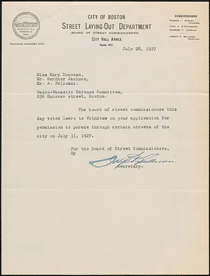 Joseph F. Sullivan (Street Laying-Out Department. City of Boston) typed note signed to Mary Donovan, Gardner Jackson, A. Felicani, Boston, Mass., July 28, 1927